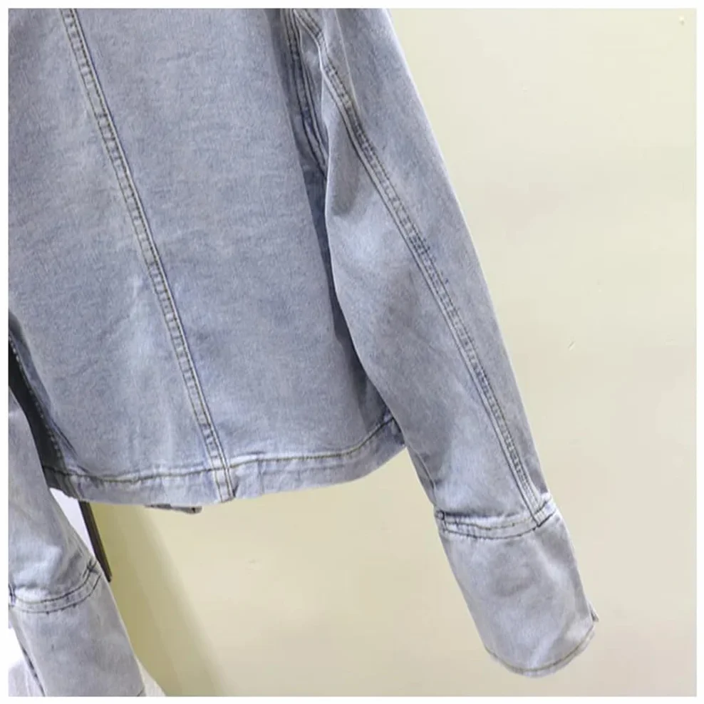 Hndudnff Chaquetas de mezclilla con cuello alto militar para mujer, chaqueta de mezclilla corta de doble botonadura