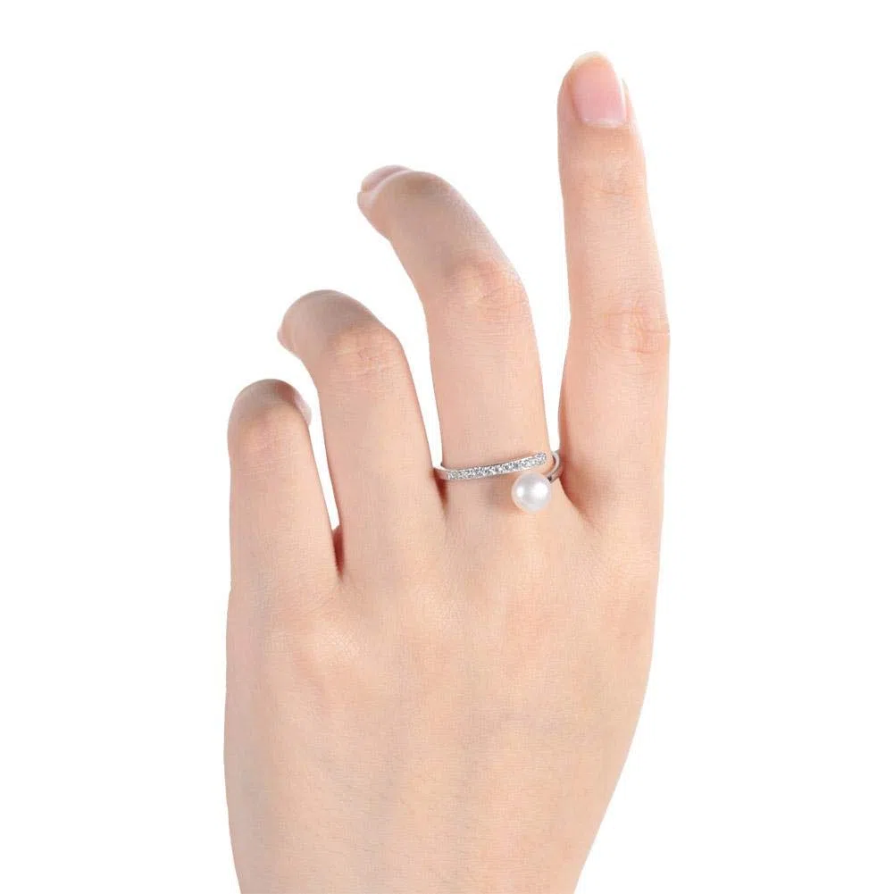 Anillo de plata esterlina, anillo personalizado elegante con apertura ajustable para mujeres, diseño sencillo con Zircon y Faux Pearl, ideal para cumpleaños, compromiso o bodas (tamaño EE. UU. 7)