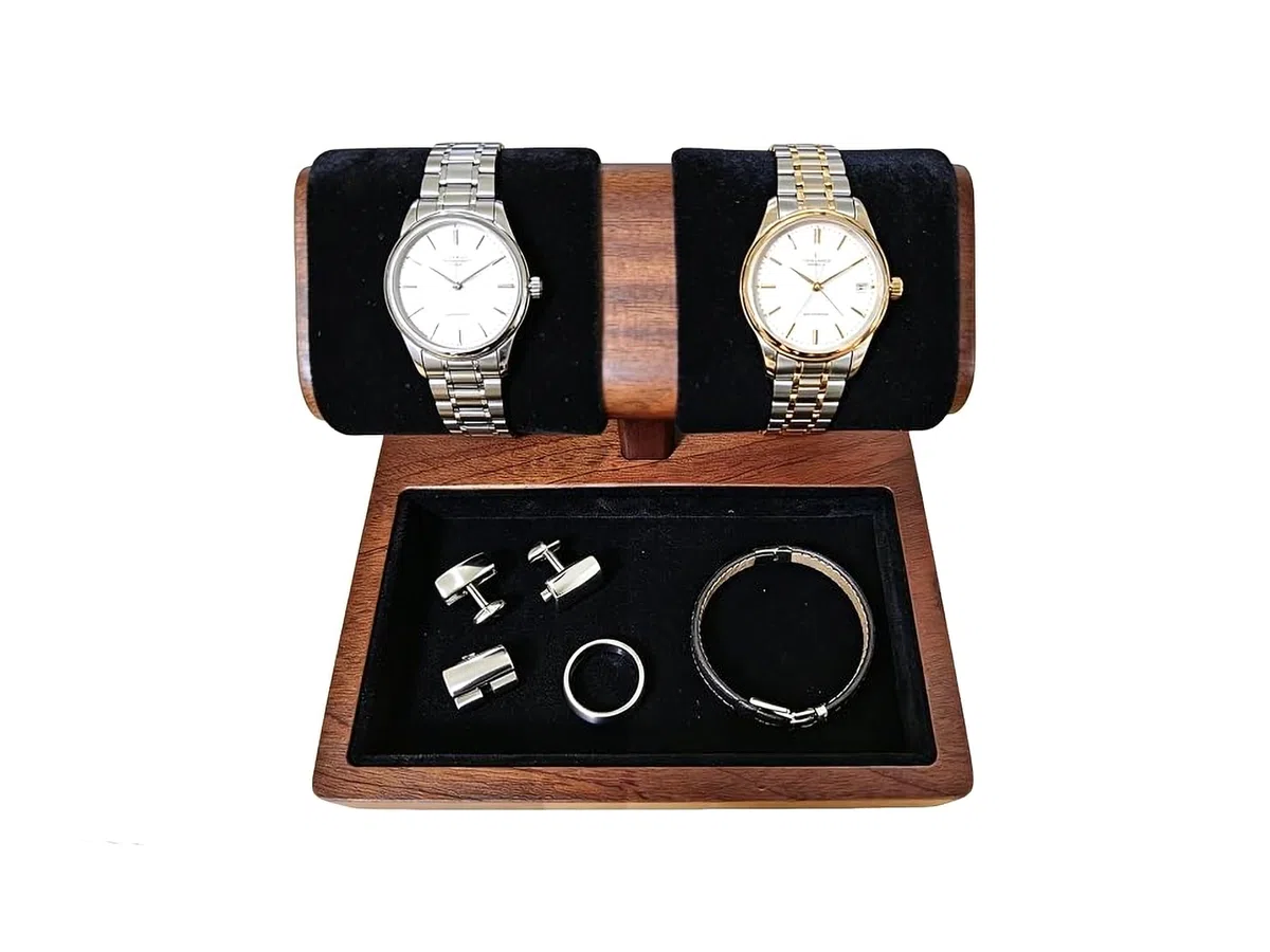 Soporte de reloj con barra en T, organizador de relojes de madera maciza para hombres y mujeres, soporte de exhibición de relojes de mesa con base de almacenamiento de joyas para pulsera, brazalete