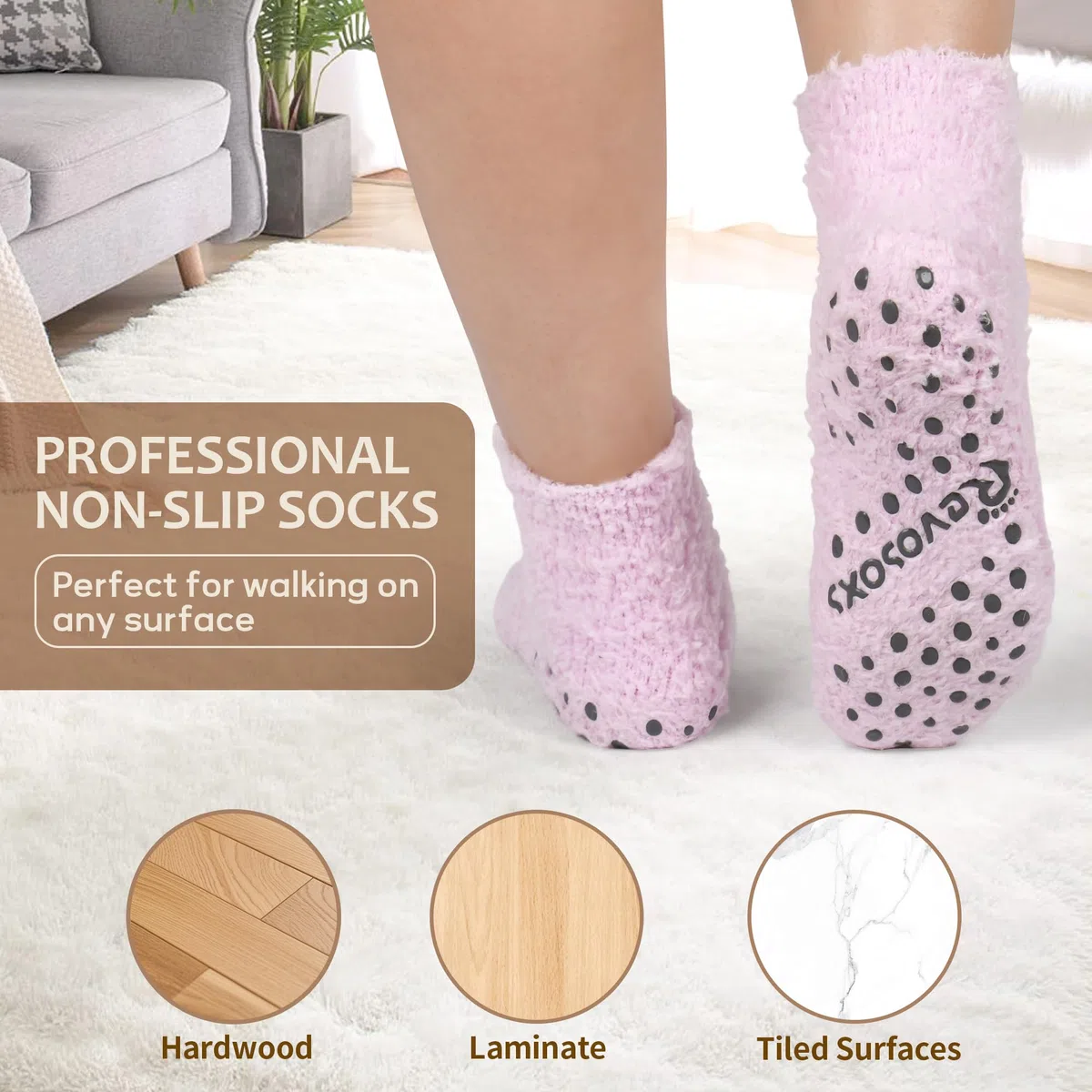 Revosoxs Calcetines de agarre de hospital para mujer, calcetines antideslizantes al tobillo con perfume de aloe vera, pantuflas gruesas y cálidas, calcetines acogedores y esponjosos con agarres,