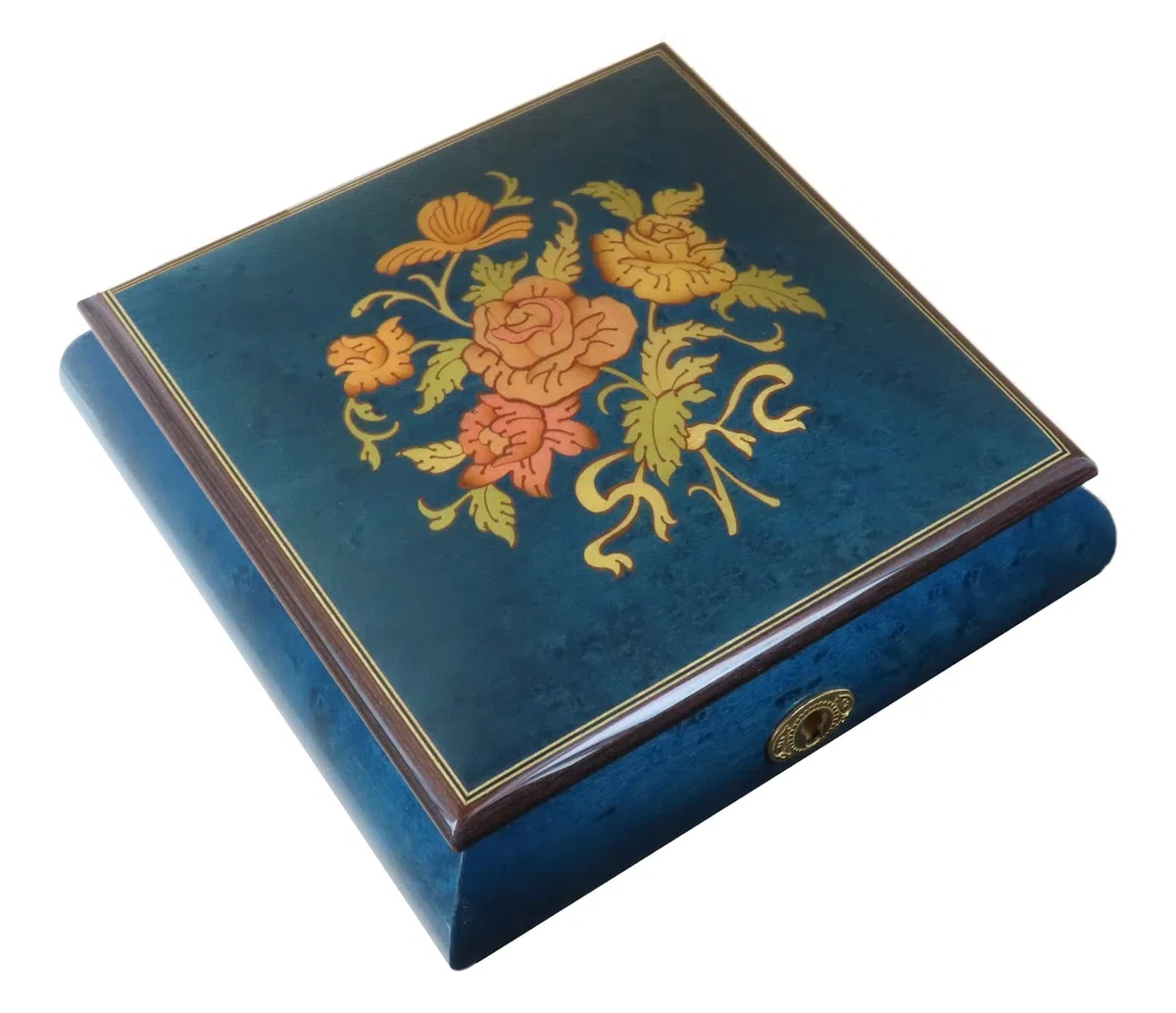 Joyero musical/caja de música para joyas de madera teñida de azul con marquetería ramo de flores y mecanismo musical de resorte de 18 notas - Over the rainbow - El mago de Oz (Harold Arlen).