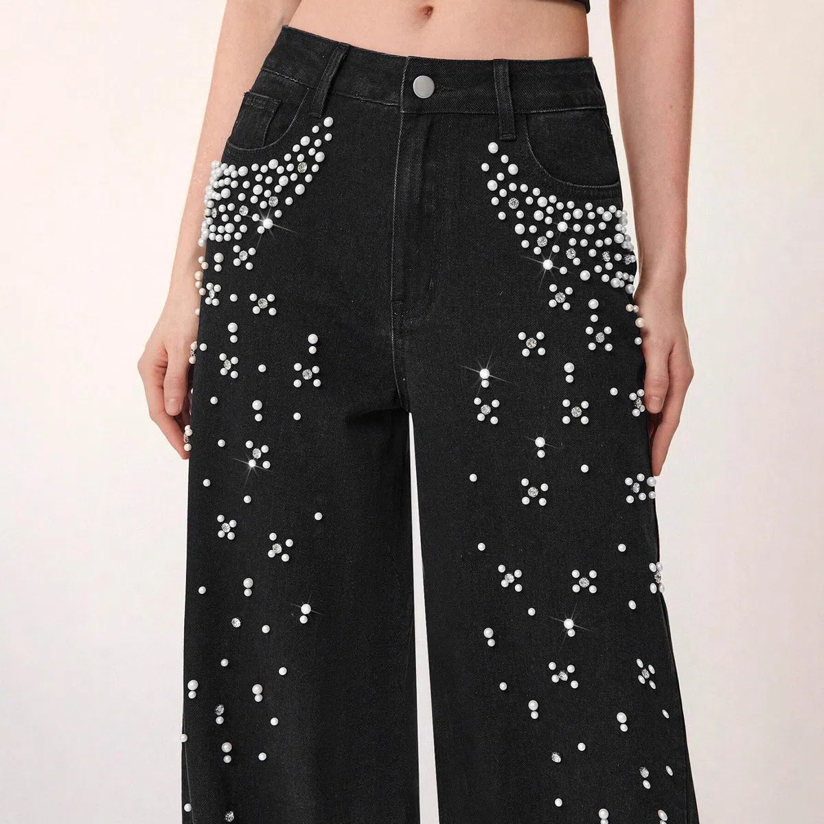 Pantalones Vaqueros De Mujer con Perlas Y Pedrería, Estilo Y2k; Corte Recto Y Ancho De Tiro Alto, Estilo Boyfriend Holgado, Casual Y De Tendencia.