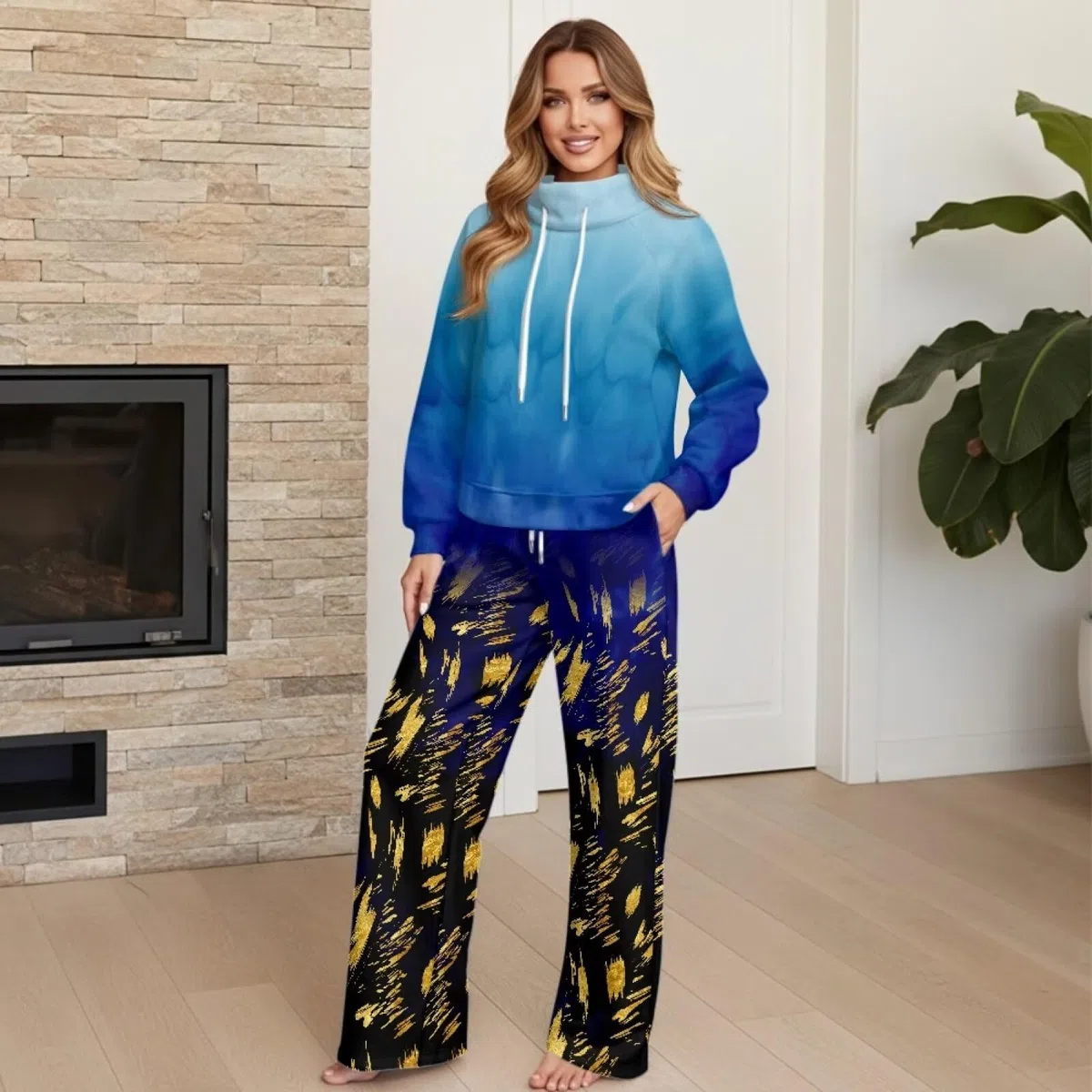 Xoenoiee Conjunto deportivo de 2 piezas con estampado de teñido anudado azul para mujer, conjunto de chándal de moda para otoño, sudadera de manga larga y pantalones deportivos de pierna ancha a juego