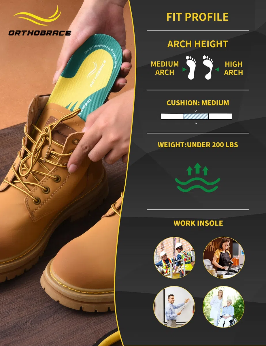 Orthobrace Plantillas para botas de trabajo para todo el día, absorción de golpes, antifatiga, soporte de arco medio y alto, para hombres y mujeres, alivia el dolor de pies, plantillas de trabajo