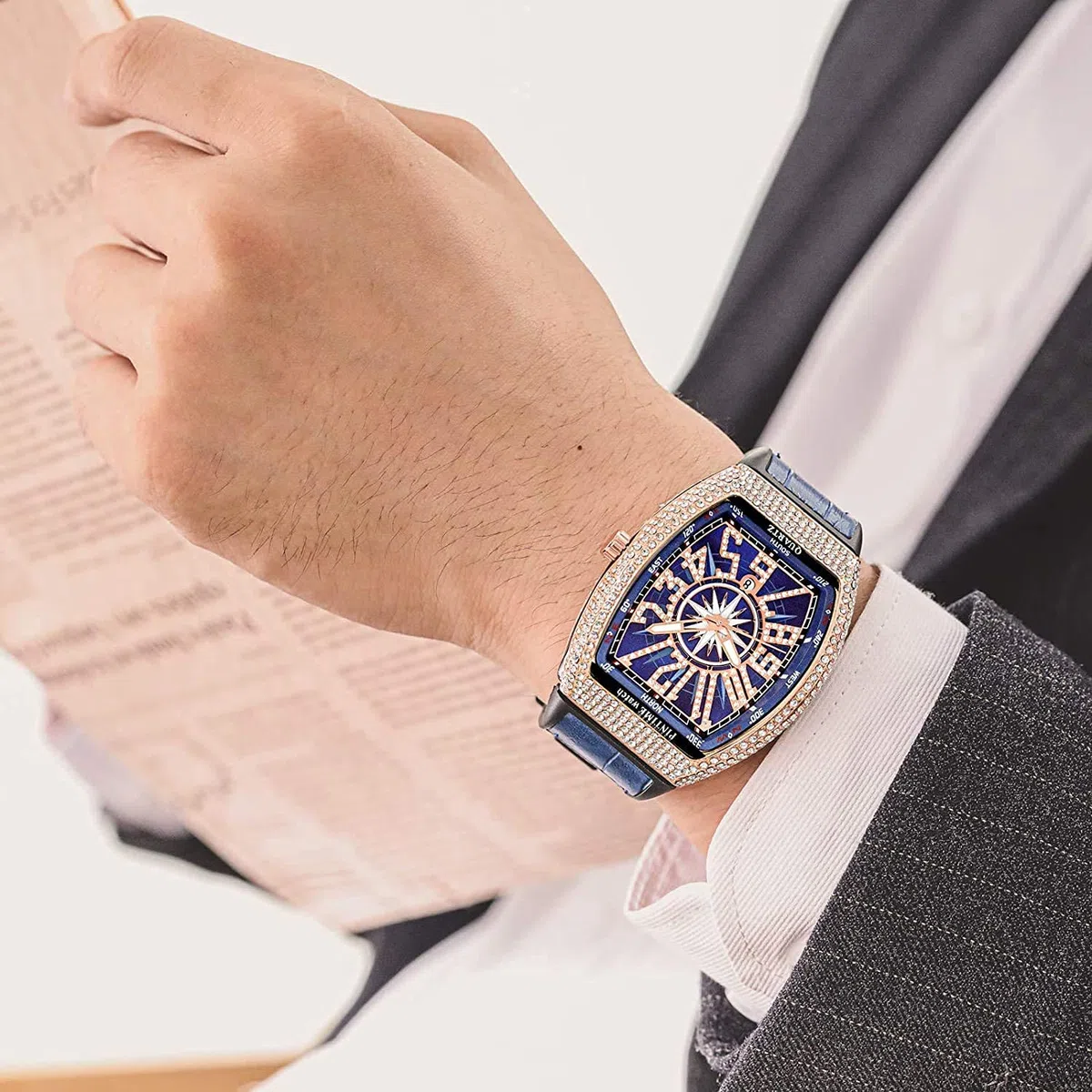 FANMIS Reloj de pulsera para hombre, diseño de calavera grande, rectangular, punk, esfera de diamante, correa de cuero, calendario, de cuarzo, deportivo, Rosa azul, Reloj rectangular punk con