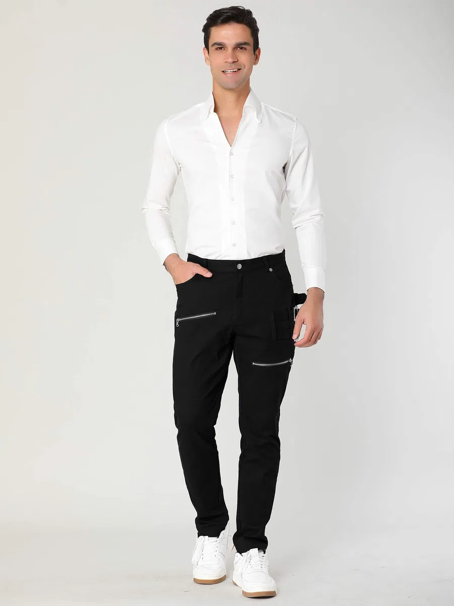 uxcell Pantalónes para Hombres Delgado Plano Cinco Bolsillos Hebillas Cremallera Deco Pantalones Elástico De Algodón