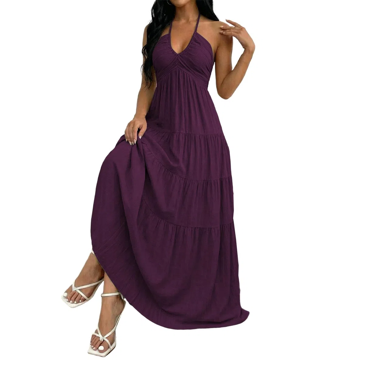 Vestido Largo Bohemio de Talla Grande con Cuello y Detalles Fruncidos para Mujer
