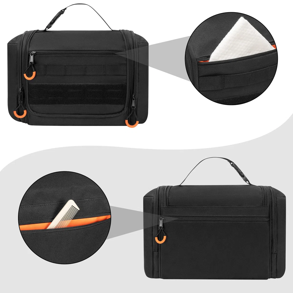 Neceser táctico de viaje para hombres, kit de aseo colgante, bolsa de higiene, organizador de ducha con gancho para artículos de tocador y cuidado del afeitado (bolsa vacía), Negro