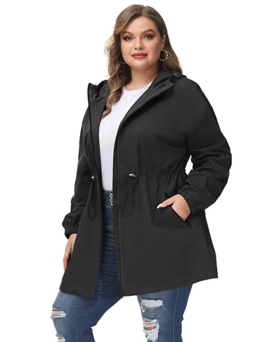 Hanna Nikole Chaqueta impermeable con capucha para mujer, talla grande, cortavientos