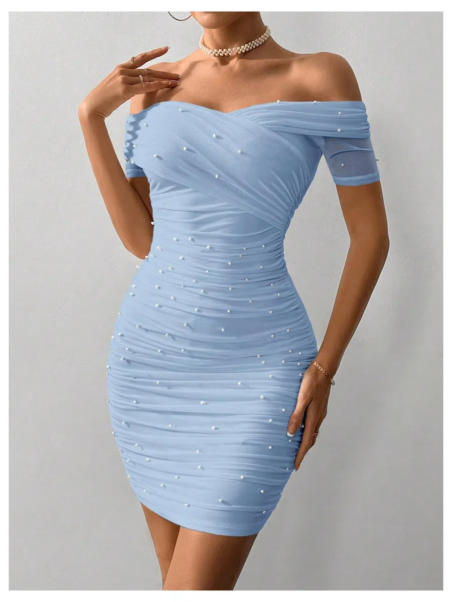 Floerns Vestido corto de manga corta con cuentas de perlas y hombros descubiertos para mujer, vestido de fiesta ajustado