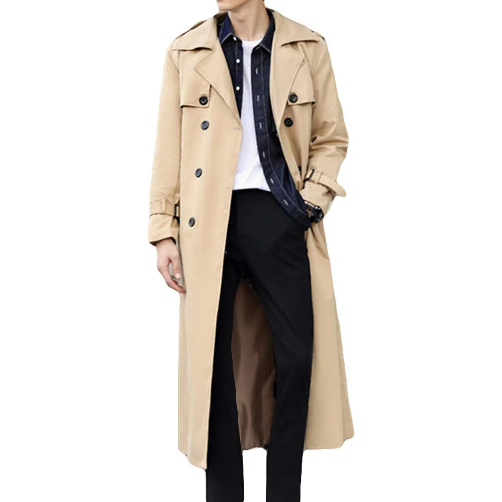 Pantete Gabardina de doble botonadura para hombre, de gran tamaño, casual, cortavientos, con solapa, abrigo largo