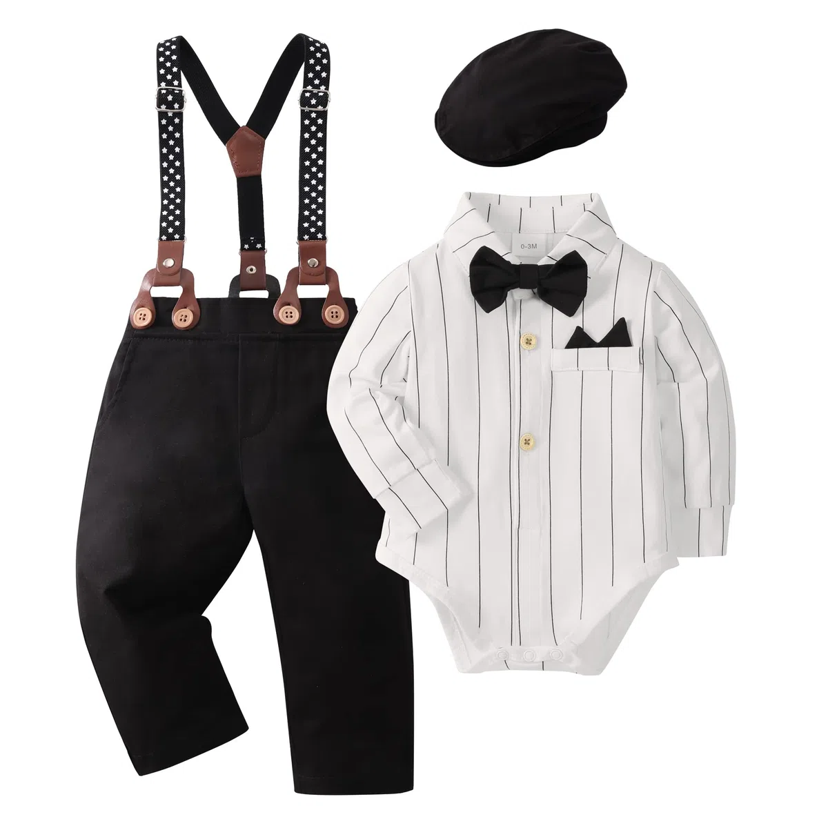 YALLET Trajes de ropa para niño, camisa de vestir formal con pajarita, chaleco y pantalones de tirantes, trajes de boda para caballeros de 6 a 10 años
