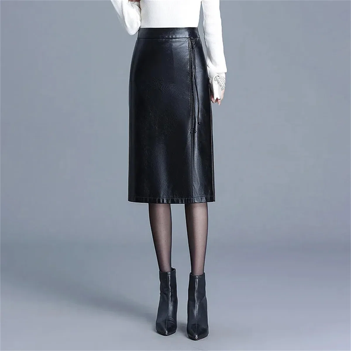 Falda de cuero para mujer, falda de piel sintética de invierno de cintura alta, falda recta, falda midi casual