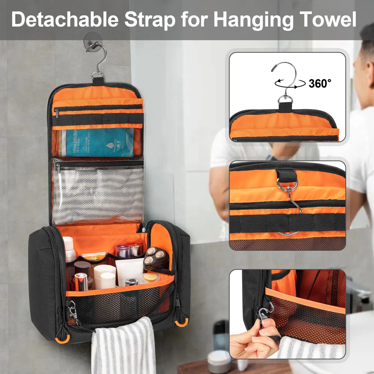 Neceser táctico de viaje para hombres, kit de aseo colgante, bolsa de higiene, organizador de ducha con gancho para artículos de tocador y cuidado del afeitado (bolsa vacía), Negro