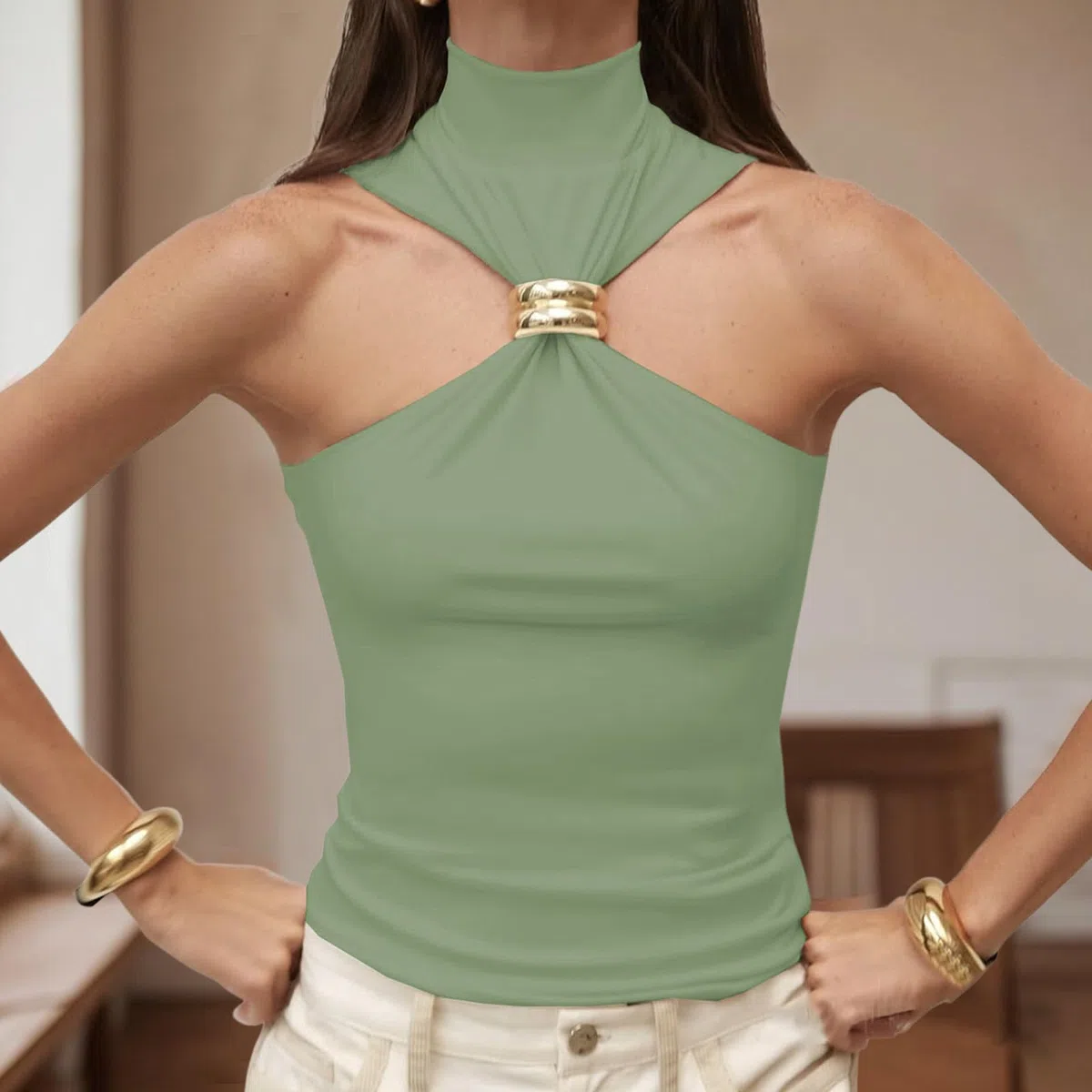 Sexy Outfit Top con Cuello Halter para Mujer, diseño de Anillo, Hombros Descubiertos, sin Mangas, Chaleco Ajustado para Salir, Camisetas sin Mangas, Ropa estética