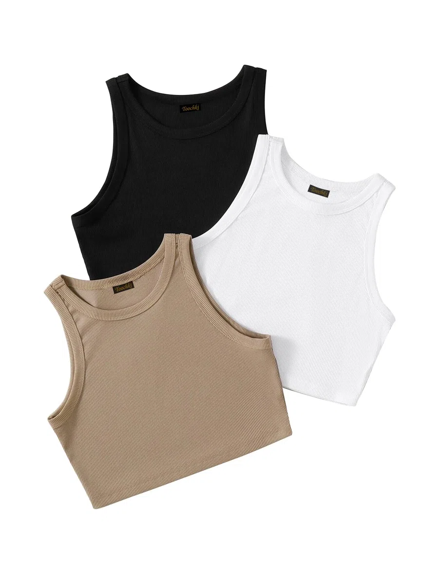 Toochki Top para mujer | Tops cortos de elastano | negro, blanco, beige, gris, corto, occidental, paquete de 3 unidades