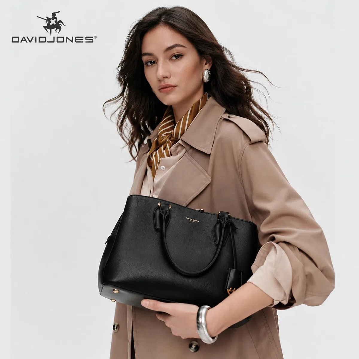David Jones – Bolso de mano para mujer – Bolso de mano de piel sintética – Hombro – Varios compartimentos con 3 bolsillos – Tote Ville Trabajo Elegante Clásico Chic Moda, beige, talla única