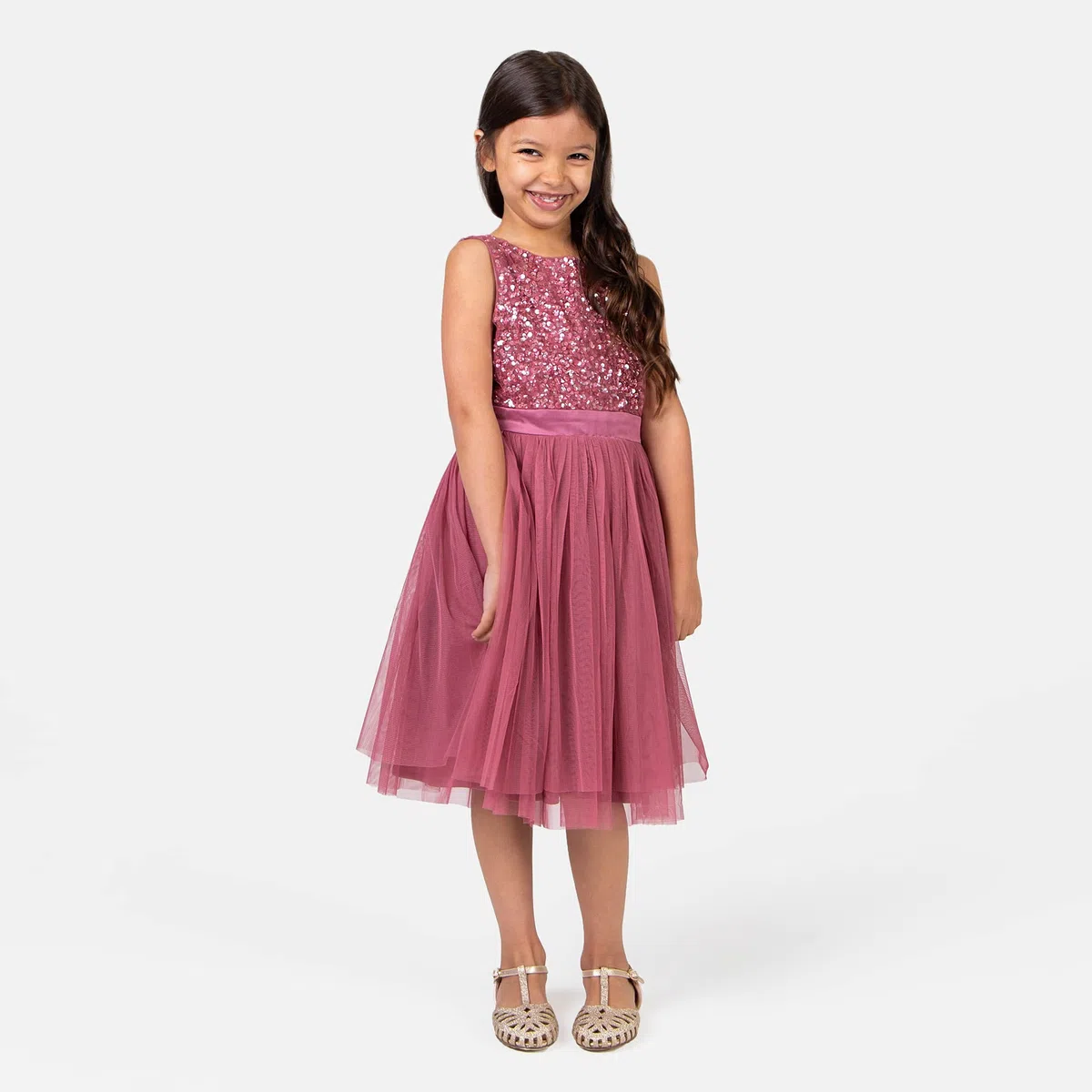 Maya Deluxe Vestido Midi para Niñas con Lentejuelas Adornadas para Fiesta, Tutú, Damas de Honor, Boda con Lazo para Cinturón Vestido Niñas