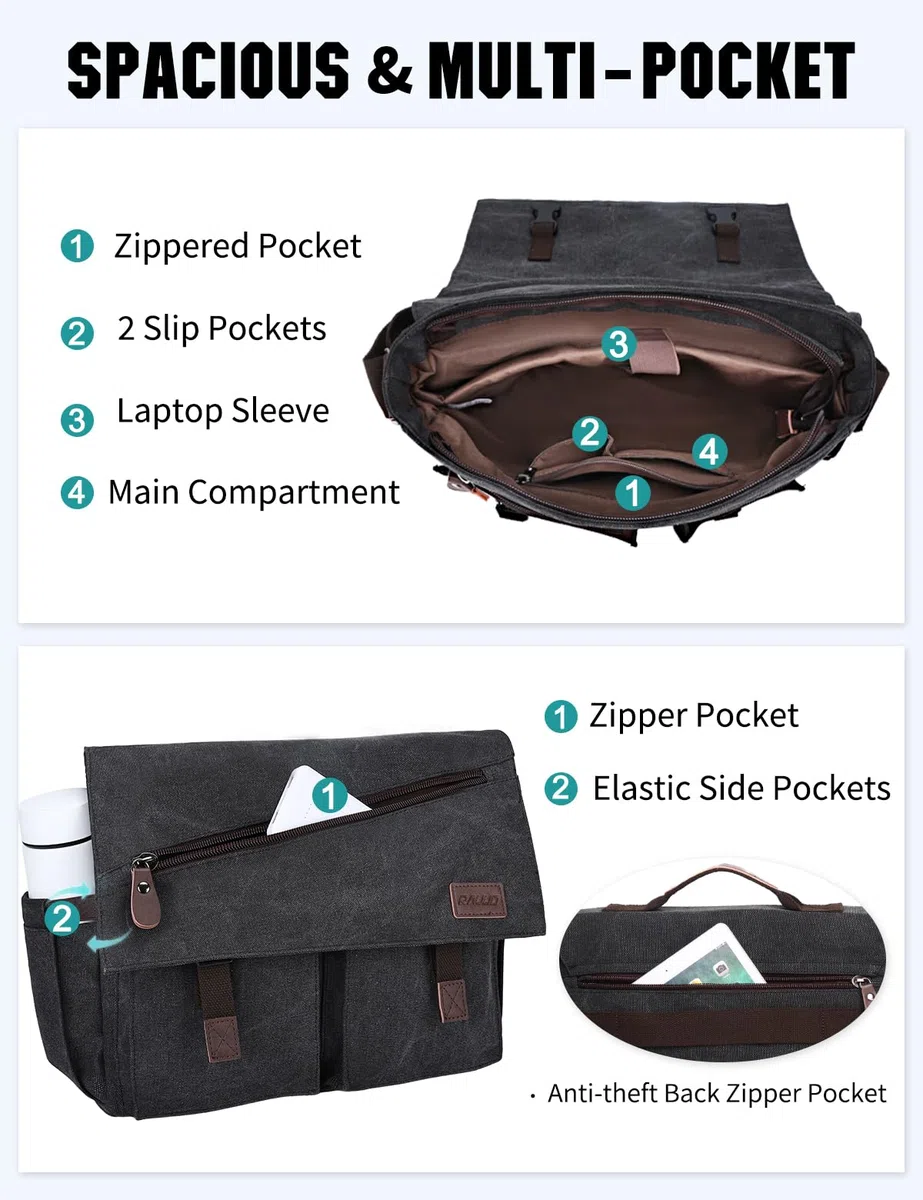 RAVUO Bolso Bandolera Hombre Grande Bolsa de Mensajero para 14 15.6 17 Pulgadas Ordenador Portátil Bolsa de Hombro Lona Messenger Bag,Nergo