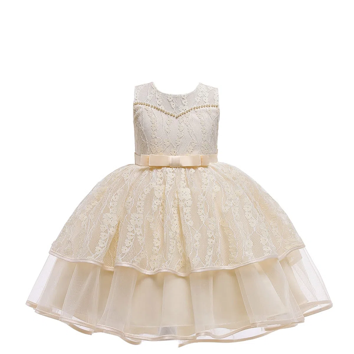 Gualiy Vestido de baile para niñas, vestido de fiesta para niñas de 4 a 10 años, vestido de tul de encaje champán con cuentas y lazo en la cintura sin mangas