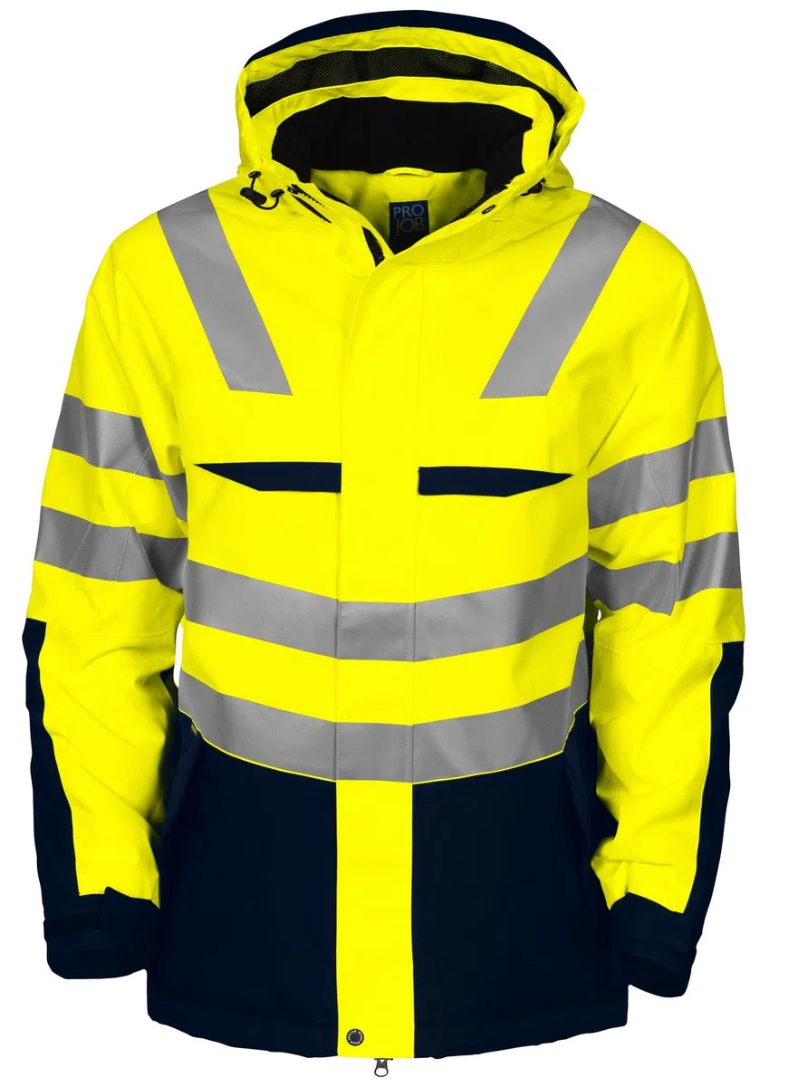 646418 – 10 – 3 – Chaqueta cortavientos/impermeable acolchada alta visibilidad con capucha desmontable/bandas reflectantes, Amarillo/Marino, XS