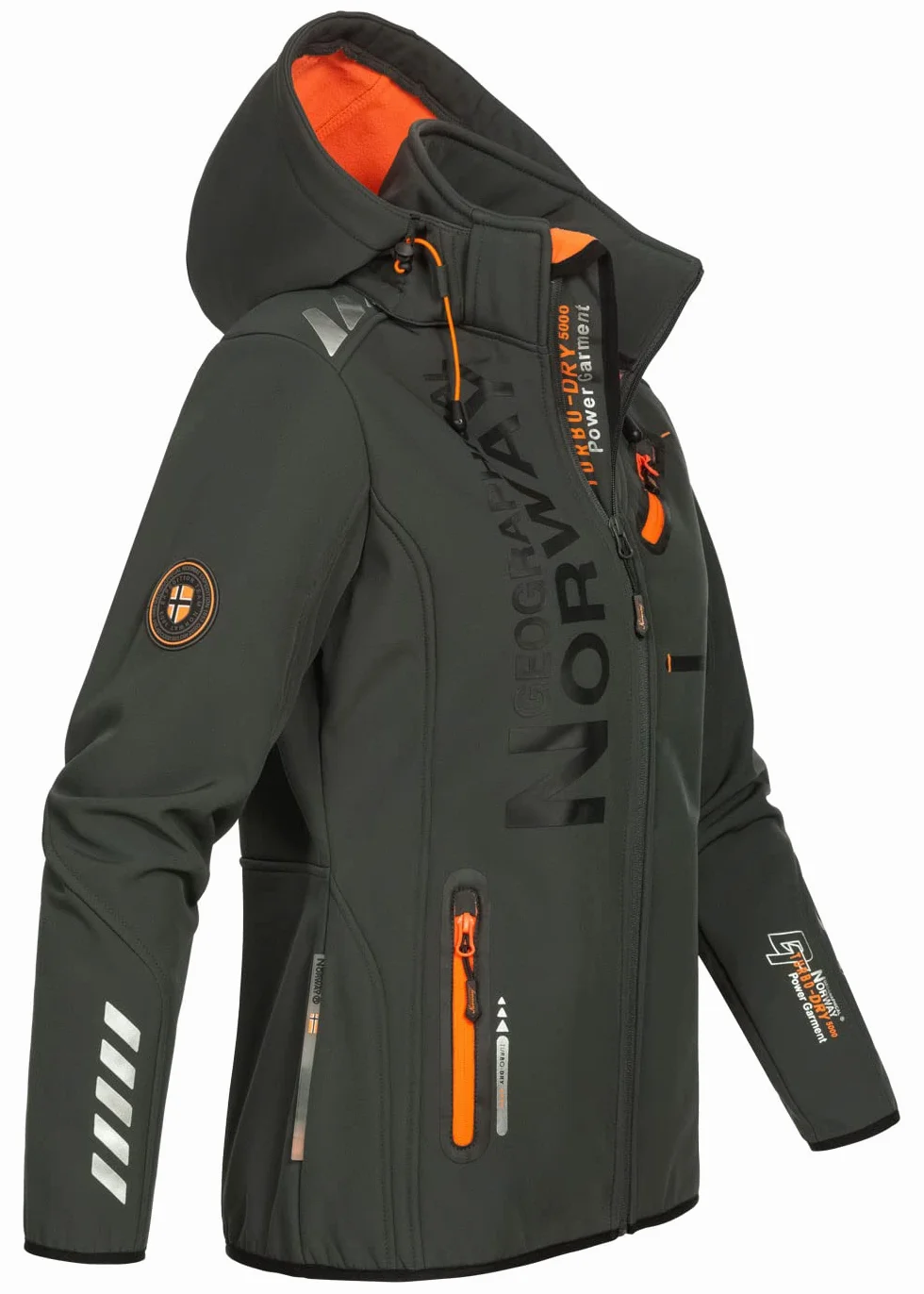 Geographical Norway Reine Lady - Chaqueta Softshell Mujer Impermeable Capucha - Abrigo Polar Cortavientos - Cazadore Aire Libre Deporte Esquí Invierno Primavera (Gris Oscuro Naranja M)