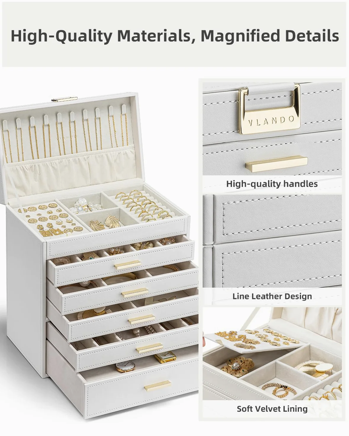 Vlando Joyero grande de 6 capas, organizador de joyas con soporte para collares, almacenamiento de joyas para anillos, pulseras y relojes, regalo para mujer (blanco)