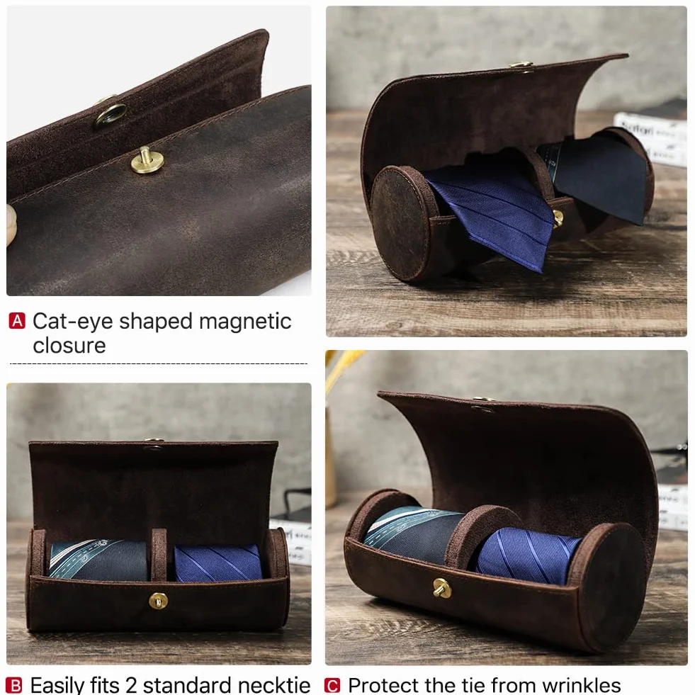 Hiram Caja de almacenamiento de corbatas, de piel auténtica, organizador de corbatas portátil para viajeros de negocios, 4005-café, 2 Ties, Estuche para corbata