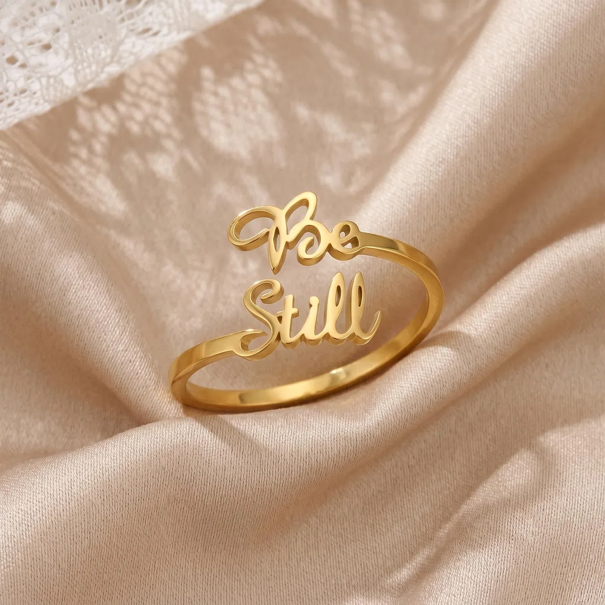 Anillo con versículo bíblico Be Still And Know That I am God, anillo abierto de acero inoxidable chapado en oro de 14 quilates, anillos de pureza, joyería cristiana, regalos para mujeres, salmo 46