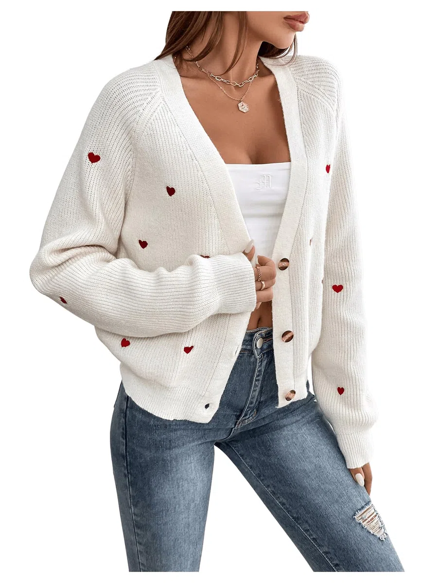 GORGLITTER Cárdigan de punto para mujer, abrigo de punto informal, suéter para exteriores, chaqueta fina, suéter con bordado de corazón