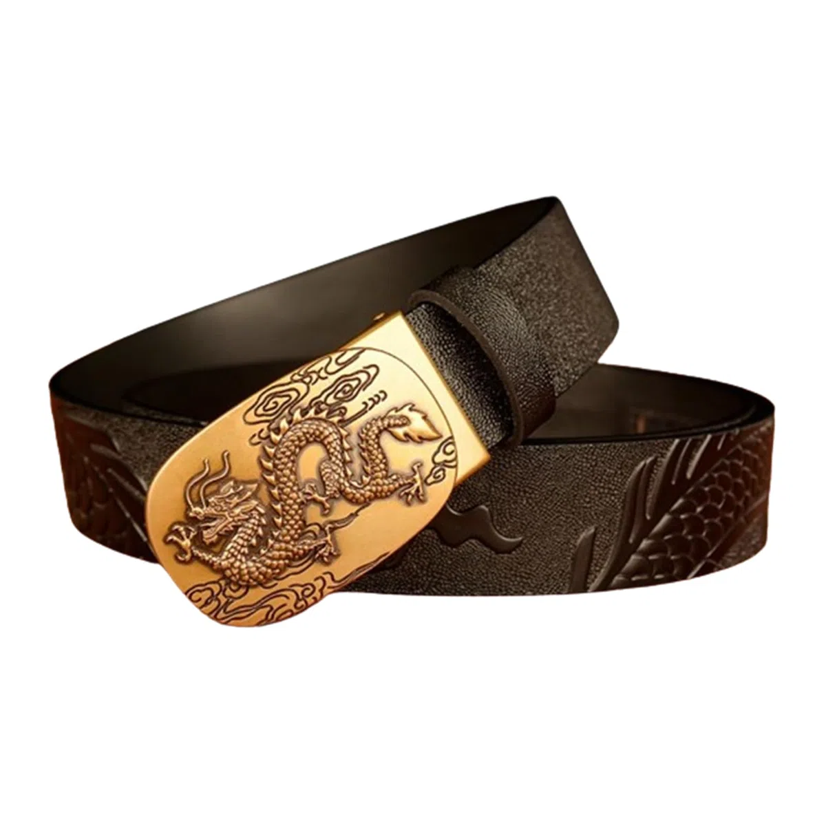 Cinturón De Vestir De Carraca para Hombre Hebilla Automática Deslizante Dragón Tallado Occidental En Relieve Cuero De Vaca De Grano Completo Correa De Grueso(125cm/49, Dragon-I)