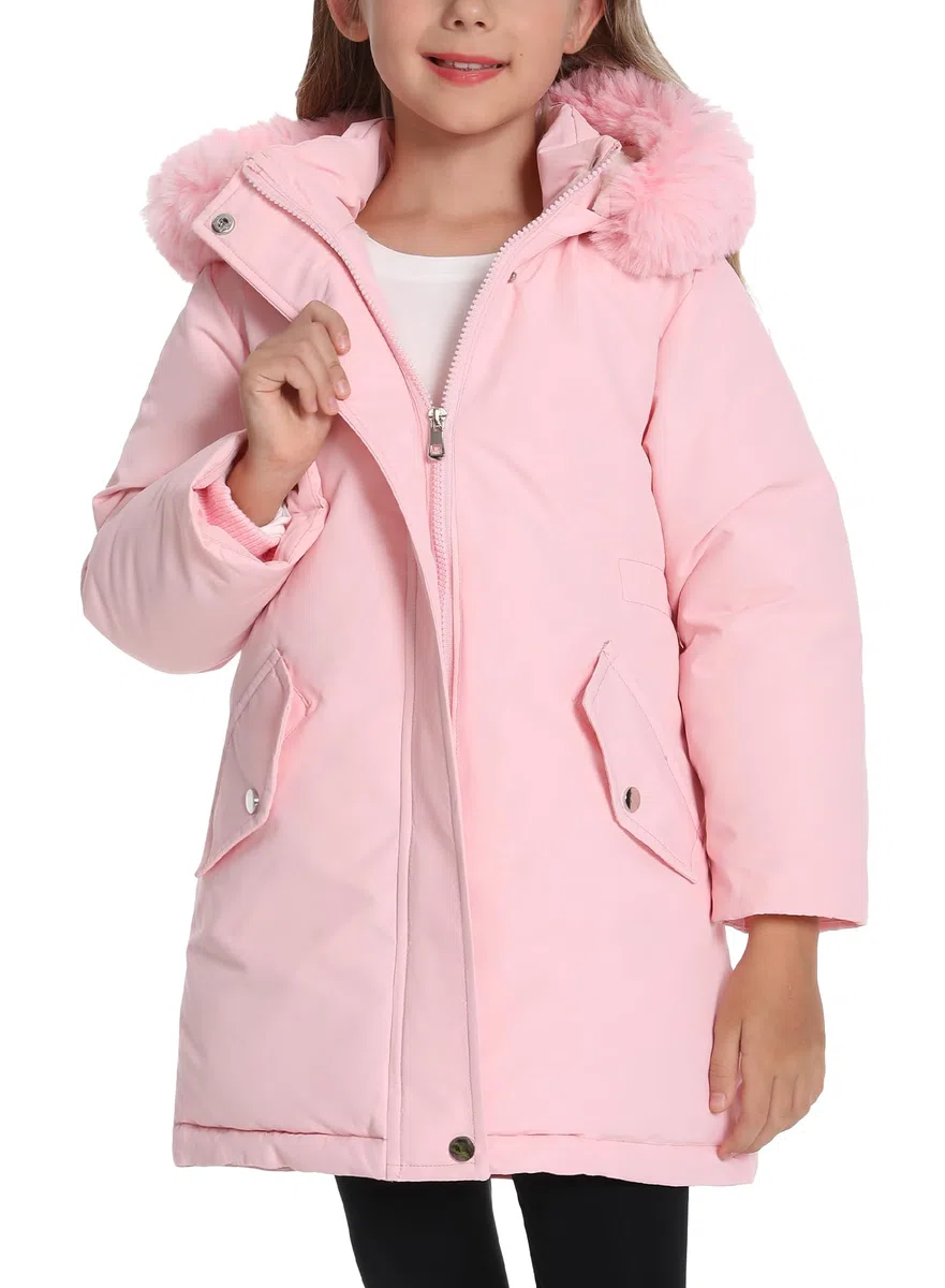 Happy Cherry Parka de invierno para niñas y niñas, impermeable, resistente al viento, con capucha, forro polar grueso, ropa cálida con bolsillos, 3-11 años