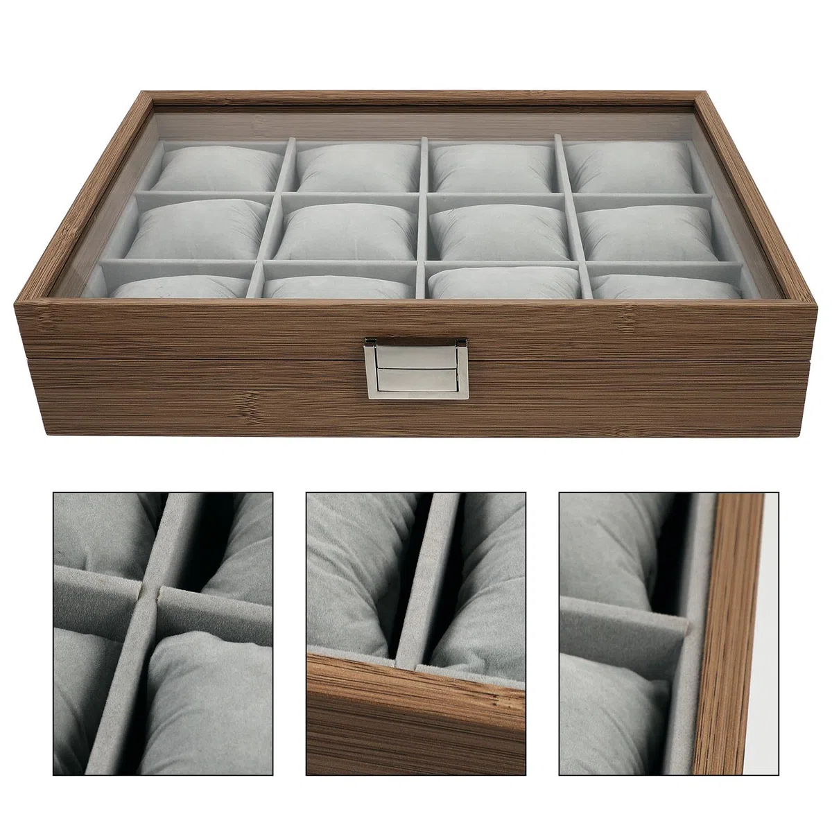 Caja organizadora de relojes de madera con 12 ranuras grandes y 12 almohadas suaves, ideal para joyas y uso personal