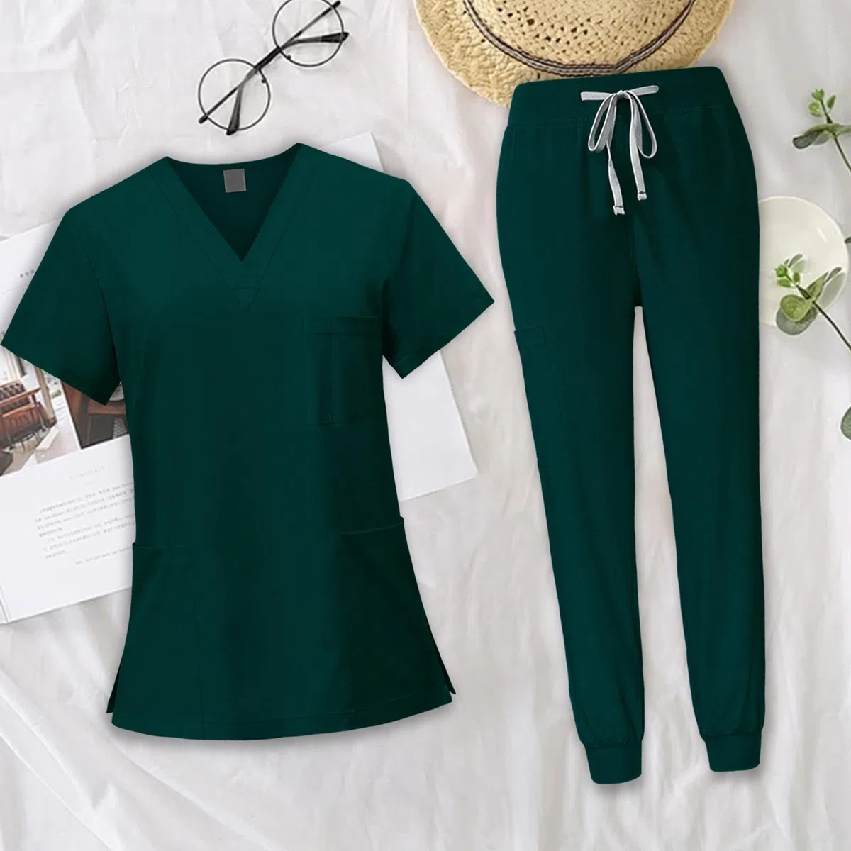 LRXFPIYF Enfermera Conjunto Uniforme Mujer Ropa Sanitaria Pantalón Blusa Accesorios Suave Poliéster Fácil de Lavar Adecuado para Cuidado Personal Centros Médic, Verde oscuro, m