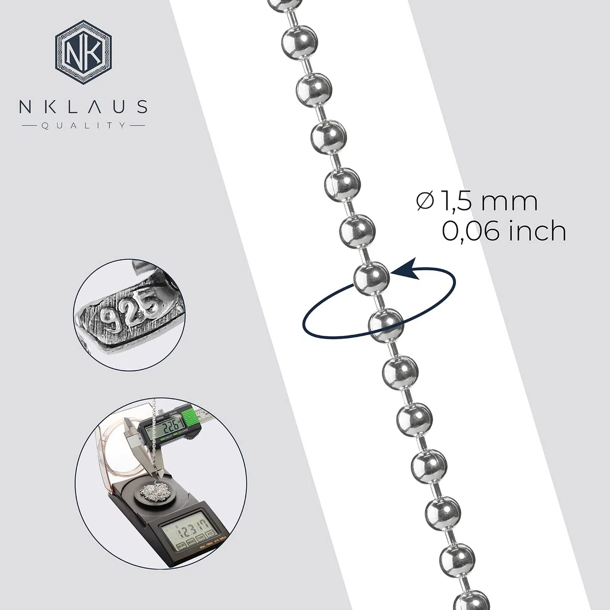 NKlaus collar 50cm cadena de bolas redonda de plata 925 collar de las señoras 1,5mm de ancho 8198