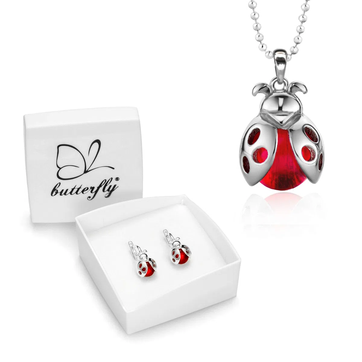 butterfly Conjunto De Joyería Infantil Con Mariquita En Plata De Ley Con Collar Ajustable Y Pendientes Colgantes