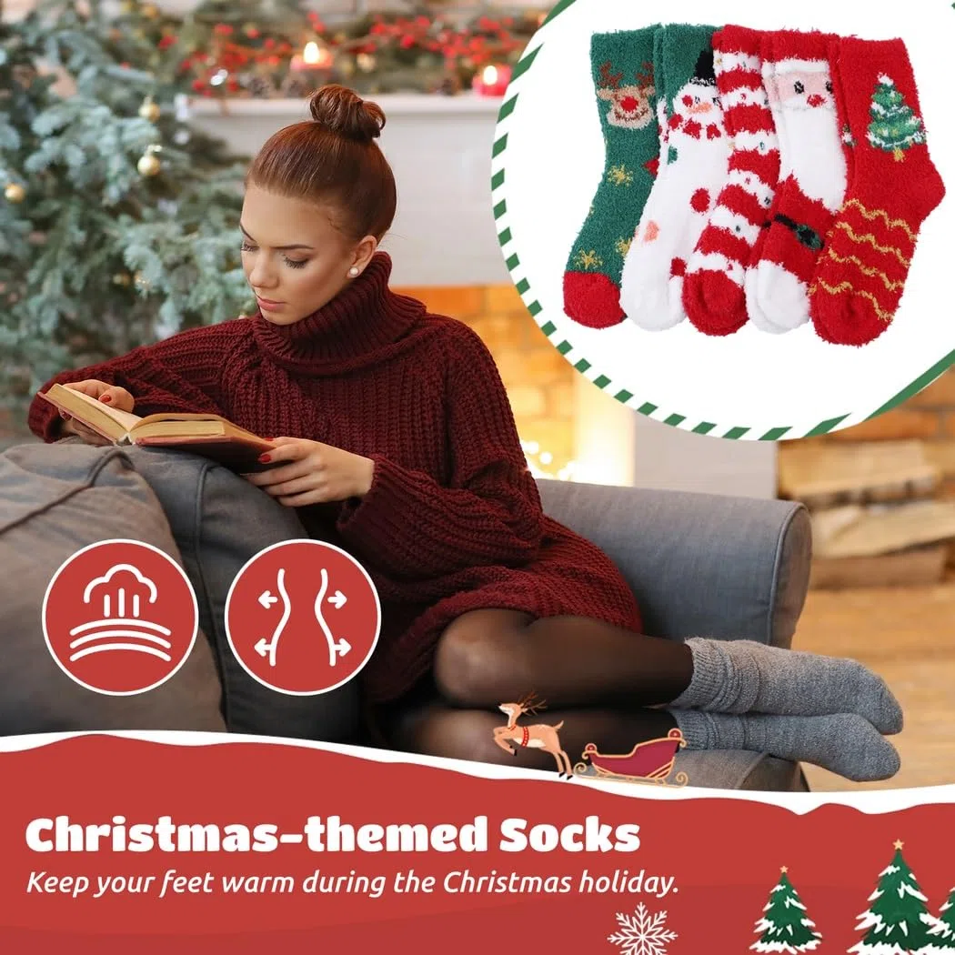 Paquete de 10 calcetines festivos de Navidad, calcetines cálidos de invierno, estampados de árbol de Papá Noel, calcetines de Navidad coloridos, perfectos para fiestas de Navidad, 5 pares,