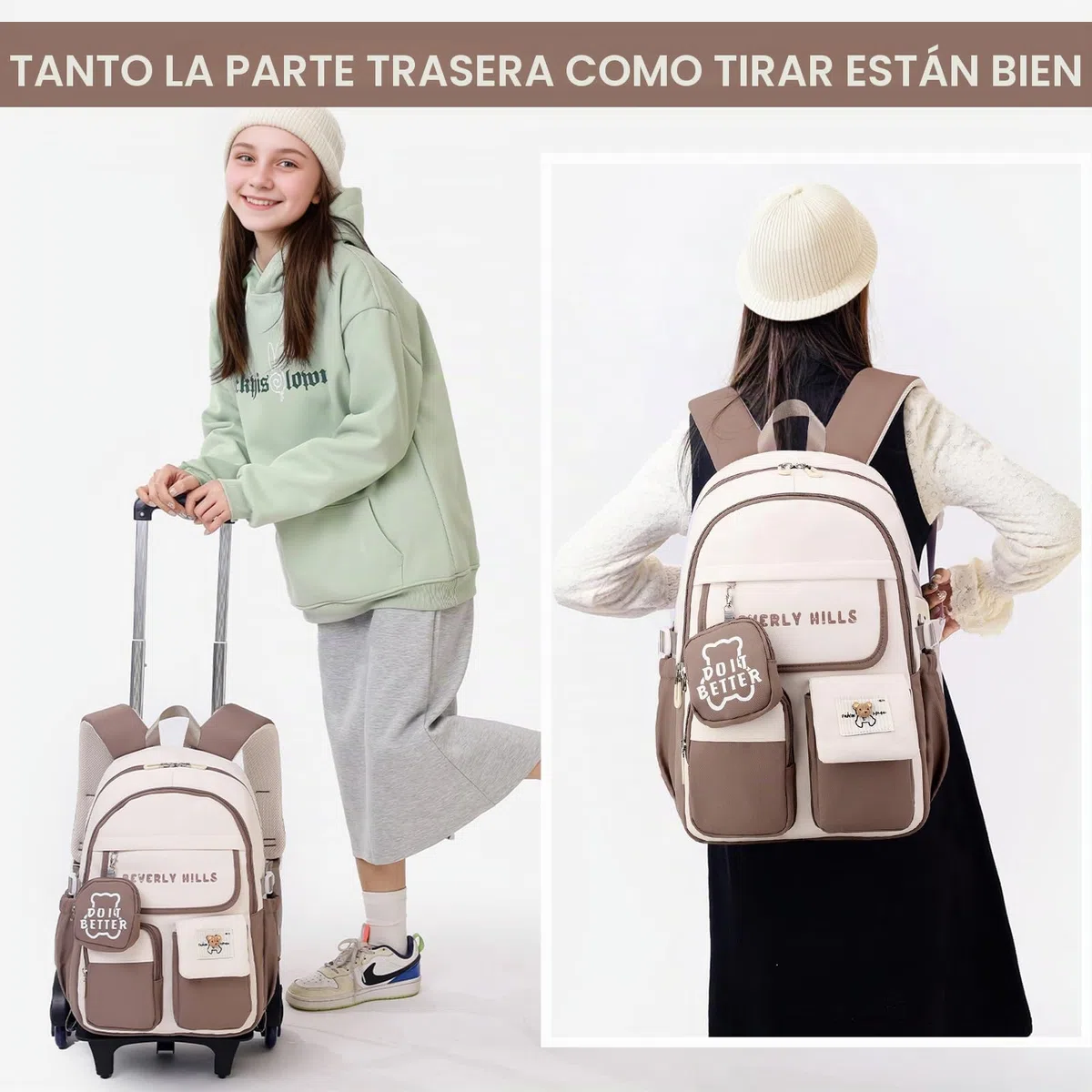 IvyH Mochila con Ruedas para Niñas Niños, Mochila Escolar Adolescentes 6 Ruedas, Carro Mochila Primaria para Chicas Chicos (Marrón)
