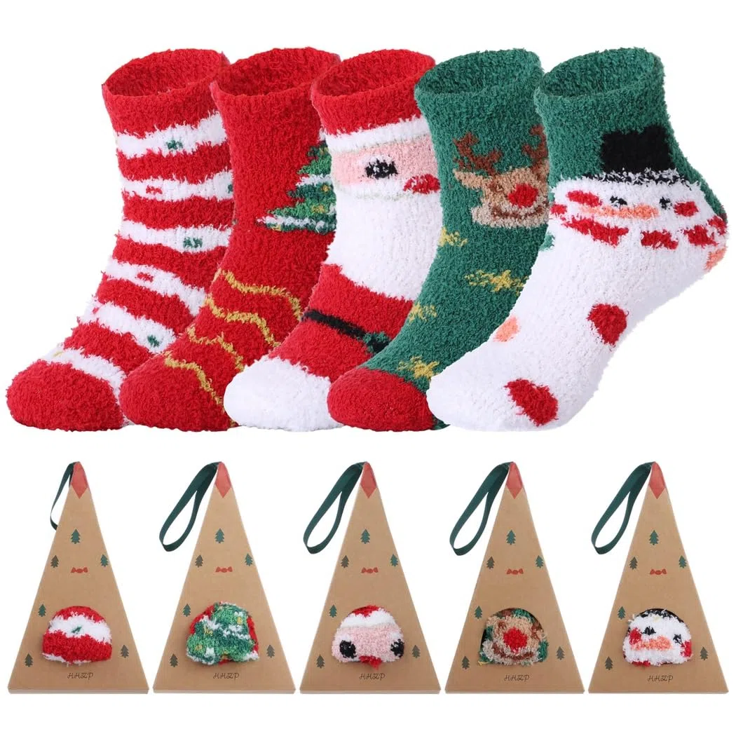 Paquete de 10 calcetines festivos de Navidad, calcetines cálidos de invierno, estampados de árbol de Papá Noel, calcetines de Navidad coloridos, perfectos para fiestas de Navidad, 5 pares,