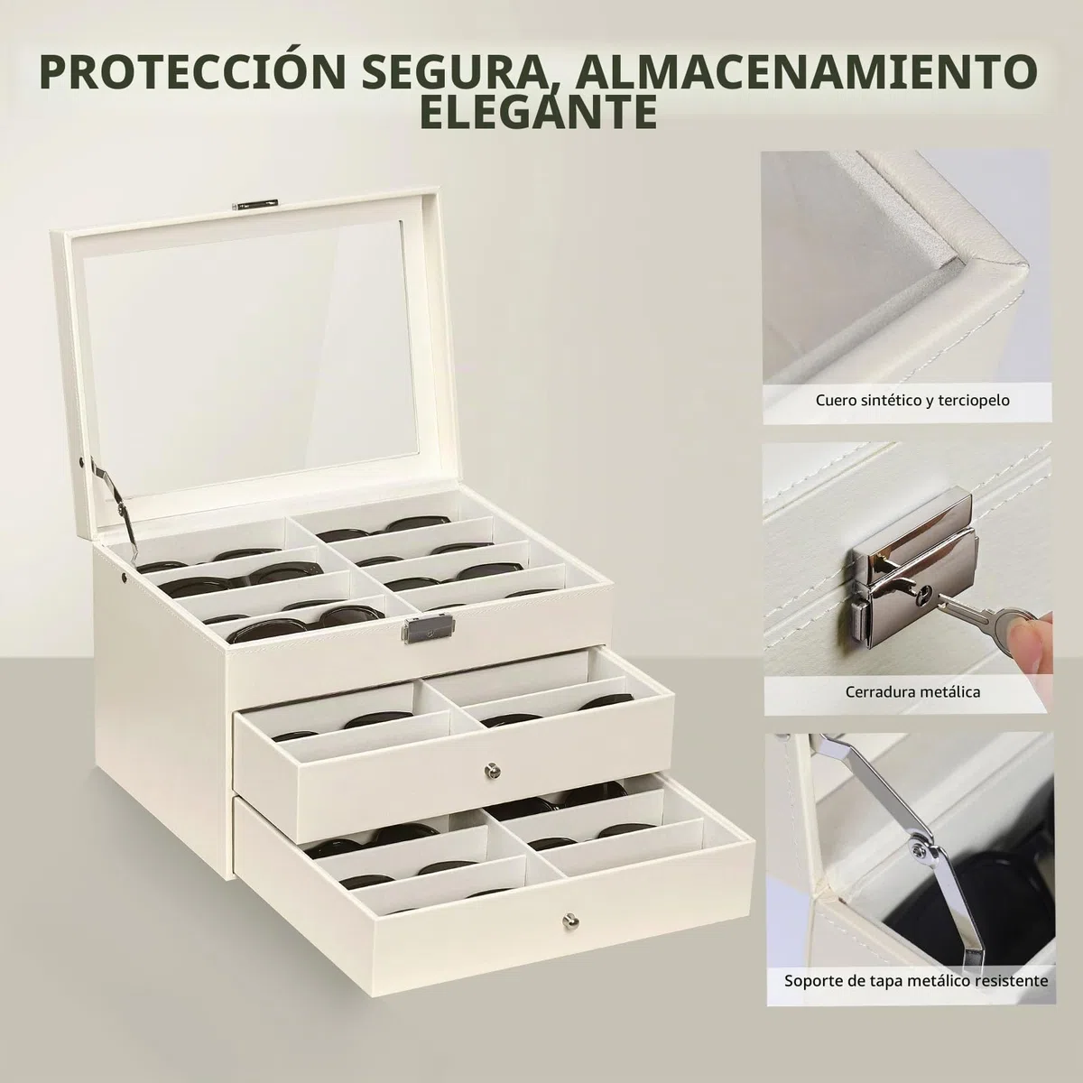 AUTOARK Tapa transparente de cuero,24 piezas,Almacenamiento para gafas y gafas de sol,Organizador con cerradura,Beige,MKAW047