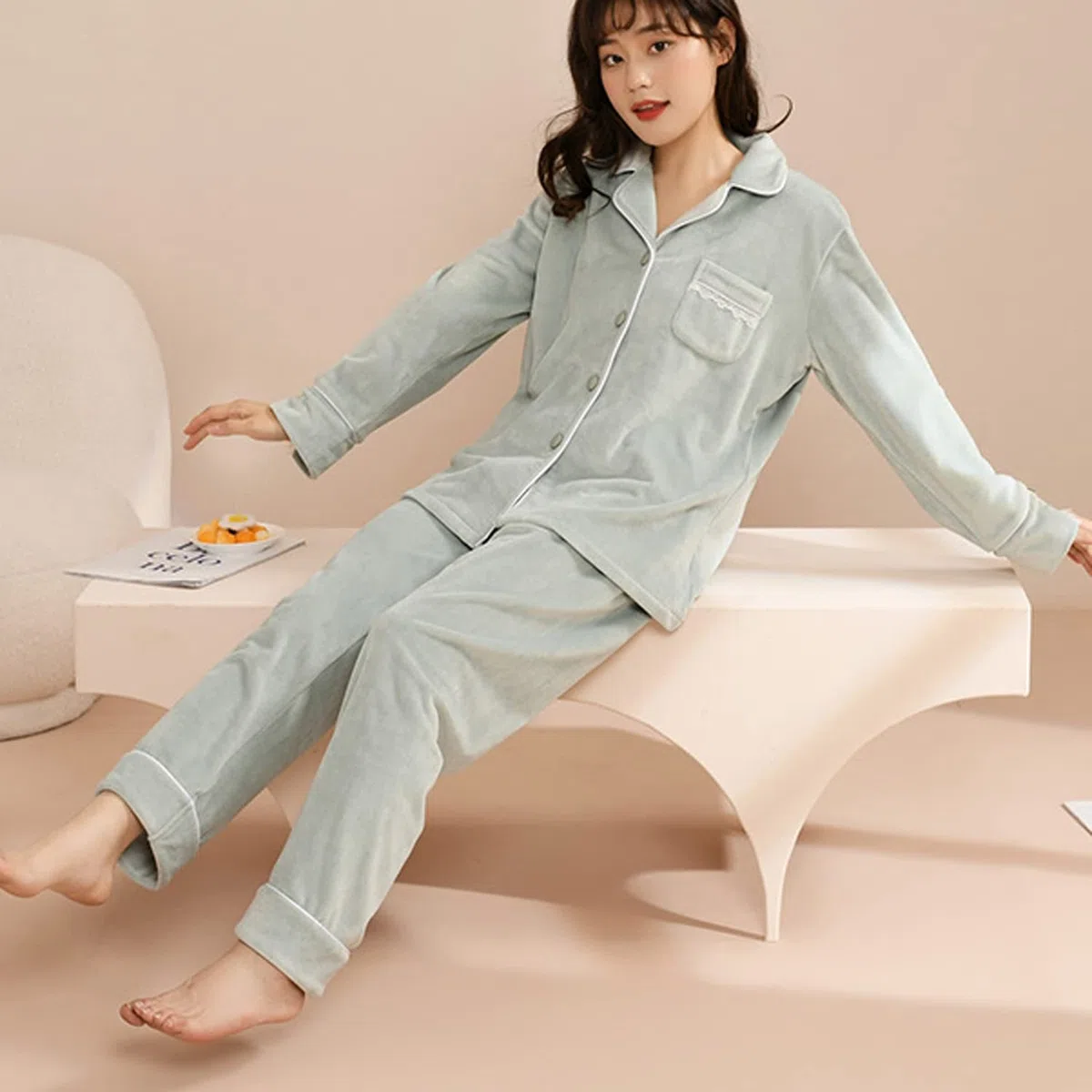 AVSMGP Pijamas Mujer Franela, Pijamas Algodon Mujer Largos, Conjunto de Pijama Suave y Cómodo, Camisones Mujer Botones, Regalo Mujeres,Verde,L
