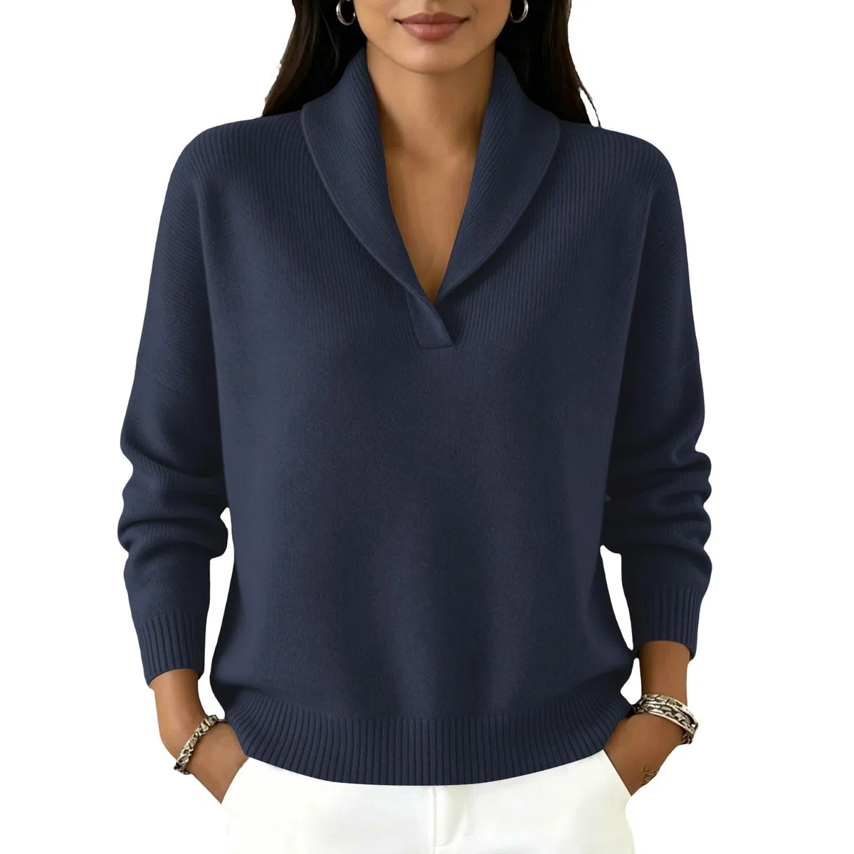 Generico Camiseta de mujer de punto con cuello en V y manga larga | Sweatshirt - Camiseta de color liso Slim Fit Slim Fit - Suave y cómoda - Ideal para el trabajo, compras, pasear por casa