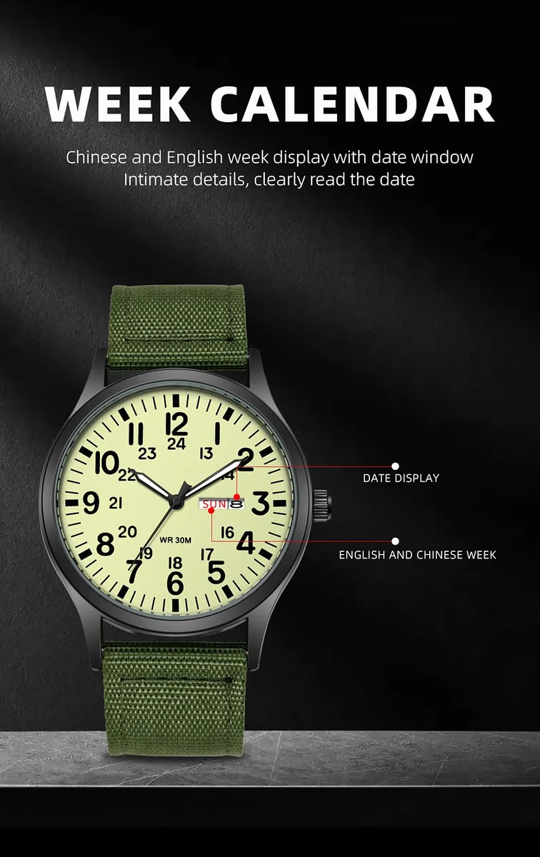 Gosasa Relojes militares unisex deportivos con correa de nailon elegante para hombre, reloj de moda luminoso, pantalla analógica, cuarzo, impermeable, reloj de pulsera casual, L-Verde Luminoso, Casual