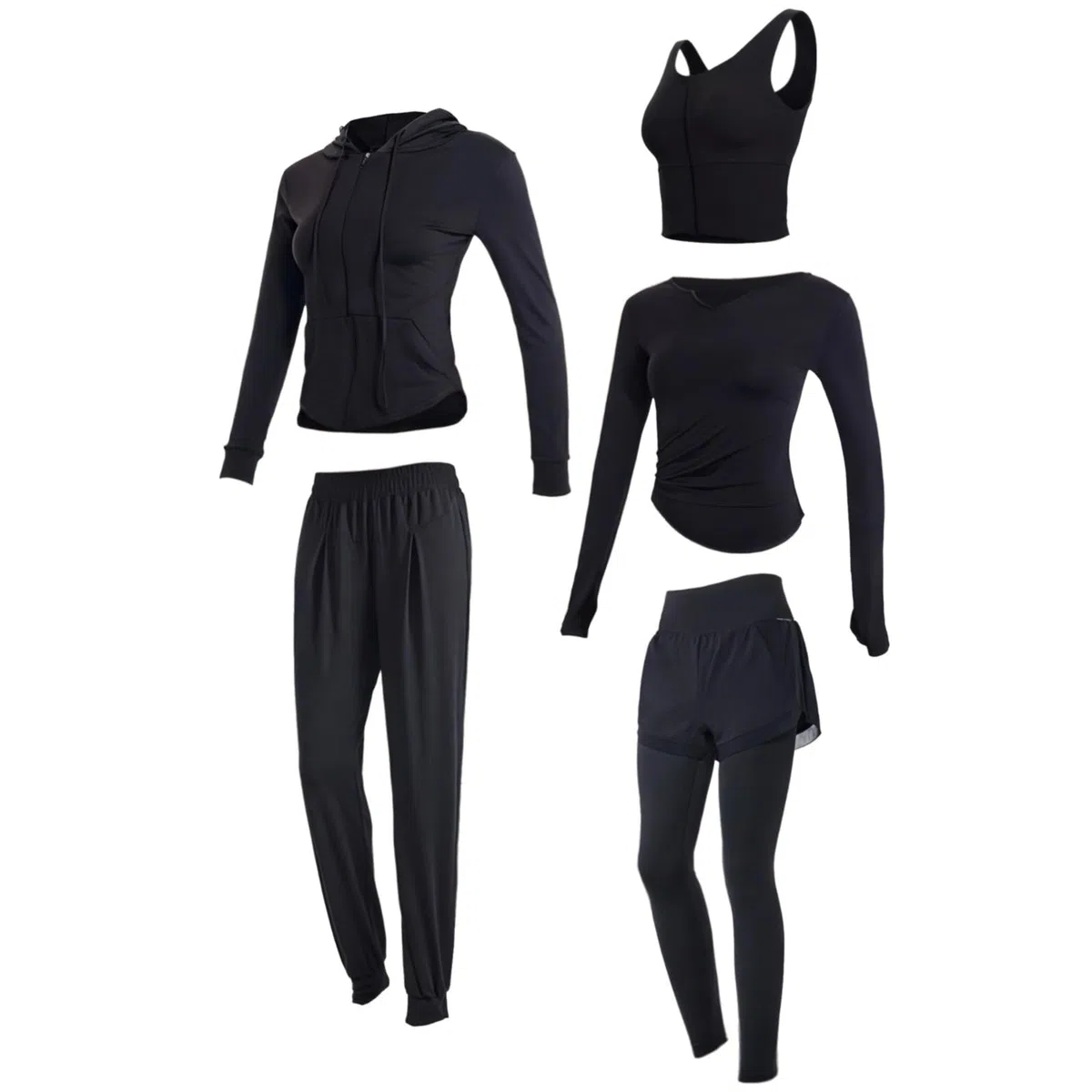 Conjunto de ropa deportiva de 5 piezas para mujer con camiseta de manga larga, tela elástica transpirable para 5 pies a 5 pies 11 pulgadas, rango de peso de 175 a 332 libras, Negro -, XX-Large