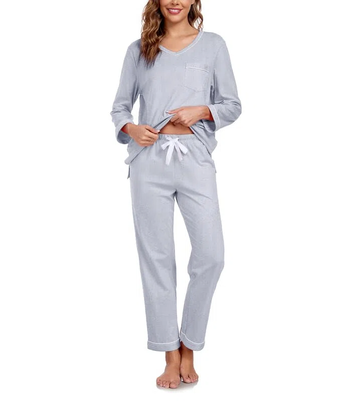 COLORFULLEAF Pijama para mujer 100% algodón largo pijama conjunto dos piezas otoño invierno pijamas manga larga traje de casa, gris, S