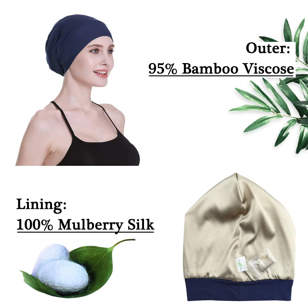 Gorro de dormir con forro de satén de seda, interior de 19 mm, 100 % seda de morera, viscosa natural, transpirable para el cabello