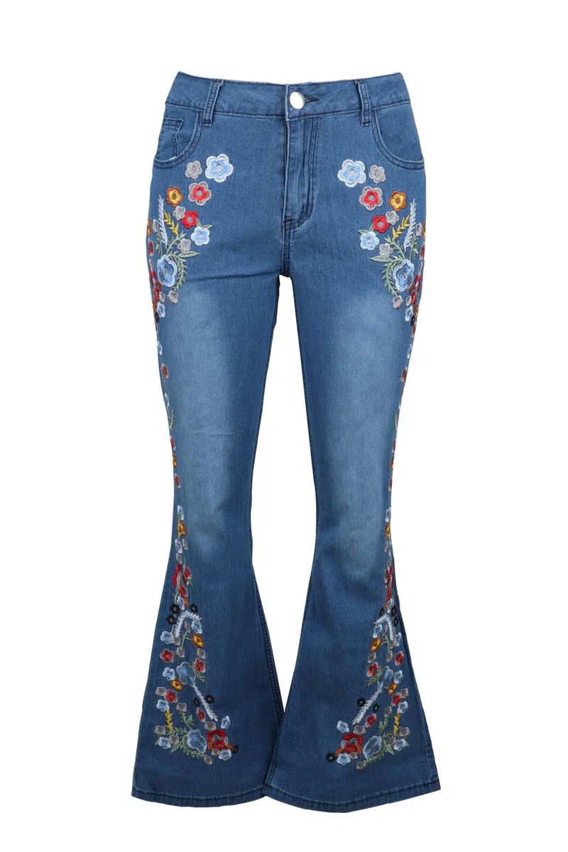 XKBHYD Ladies Embroidered Jeans Womens Wide Leg Bell Bottom Denim Pants Vintage Stretch Butt Lifting Washed Jeans