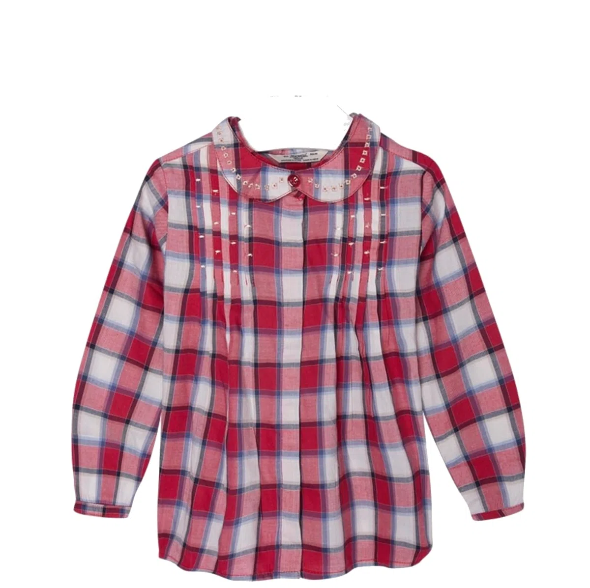 Generico Blusa para niña con cuello bordado y detalles de brillo, camisa a cuadros roja y blanca, camisa de manga larga para niña, ropa para niñas y niñas.