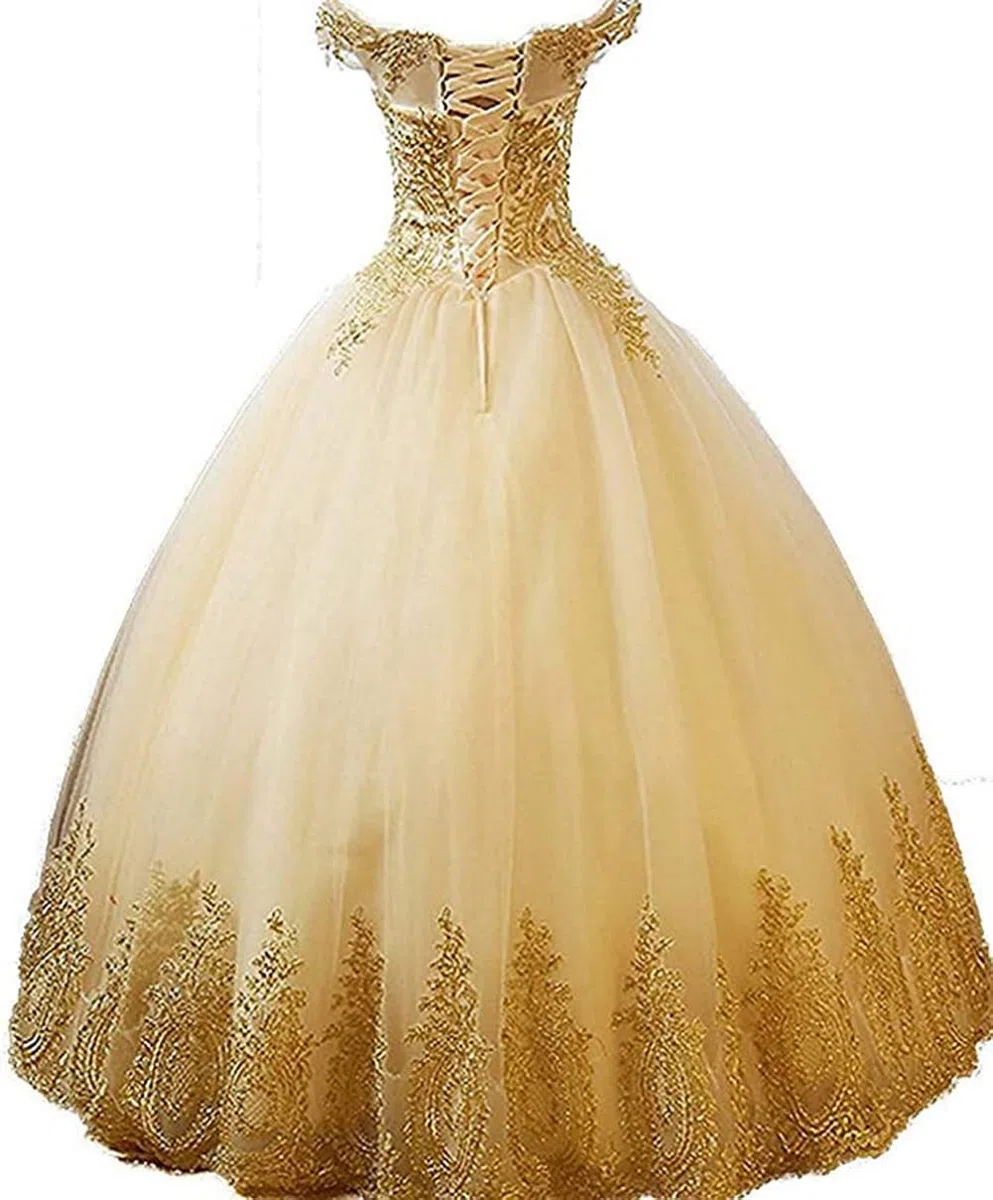 QXMYOO Vestido de Baile Sweet 16, Vestido de quinceañera Formal Largo con Apliques Dorados