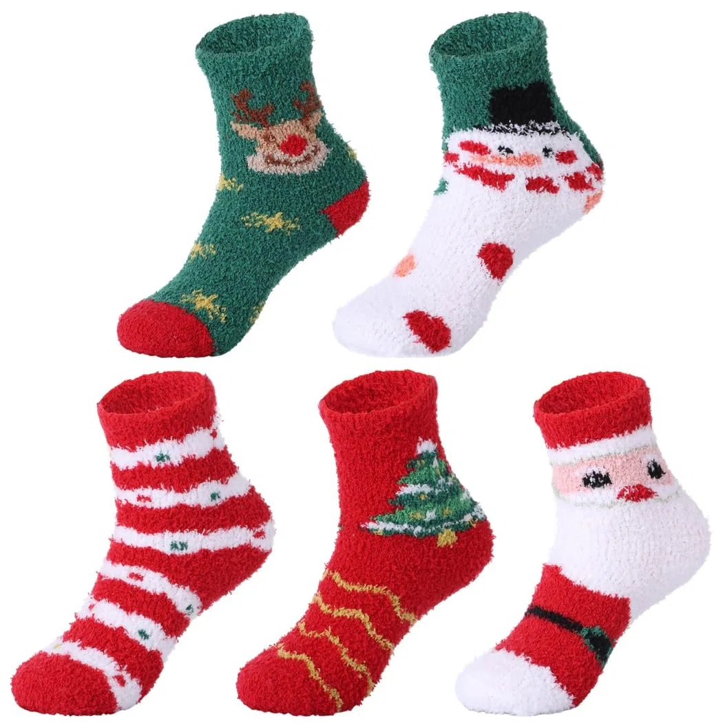 Paquete de 10 calcetines festivos de Navidad, calcetines cálidos de invierno, estampados de árbol de Papá Noel, calcetines de Navidad coloridos, perfectos para fiestas de Navidad, 5 pares,
